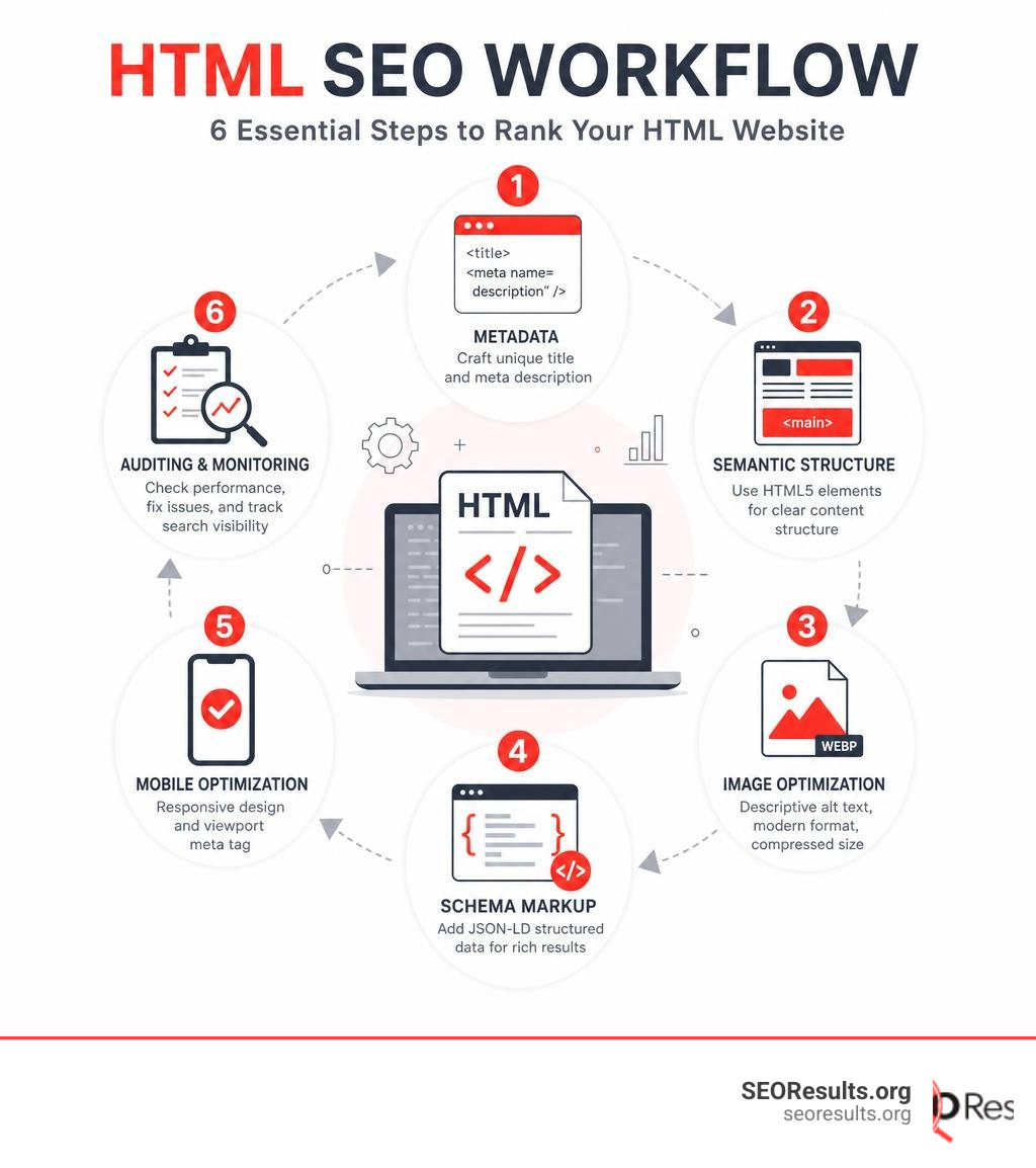 HTML SEO workflow infographic: metadata, semantic structure, image optimization, schema, mobile, auditing infographic