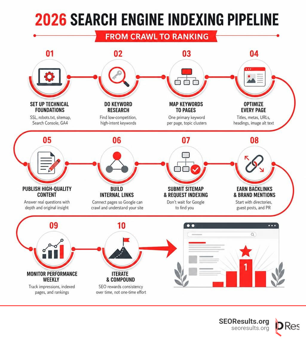 Step-by-step 2026 search engine indexing pipeline from crawl to ranking infographic