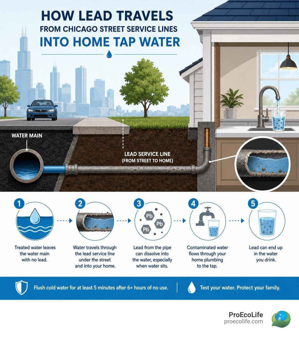 How lead travels from Chicago street service lines into home tap water infographic How lead travels from Chicago street service lines into home tap water infographic