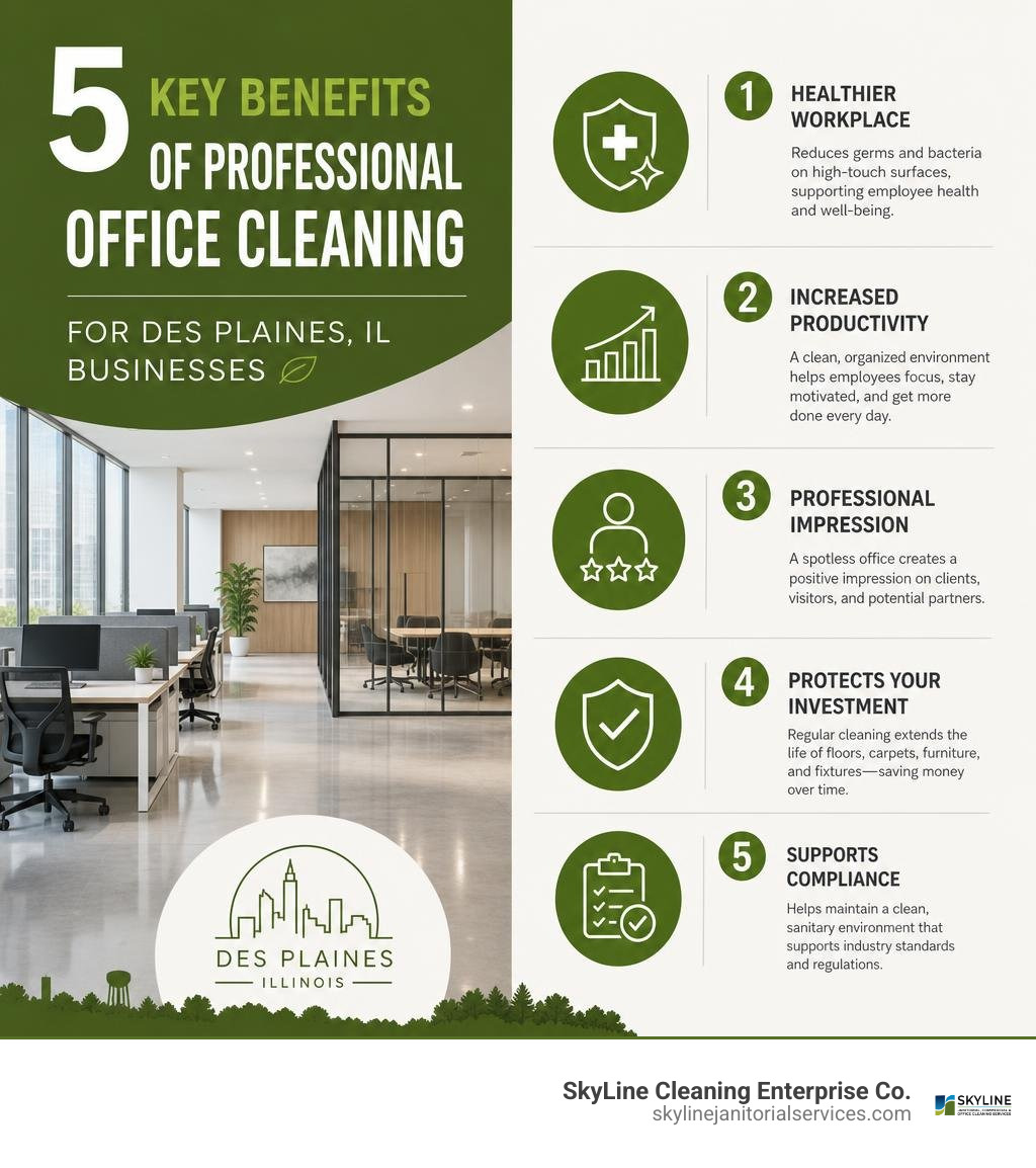 Infographic showing 5 key benefits of professional office cleaning for Des Plaines IL businesses infographic Infographic showing 5 key benefits of professional office cleaning for Des Plaines IL businesses infographic