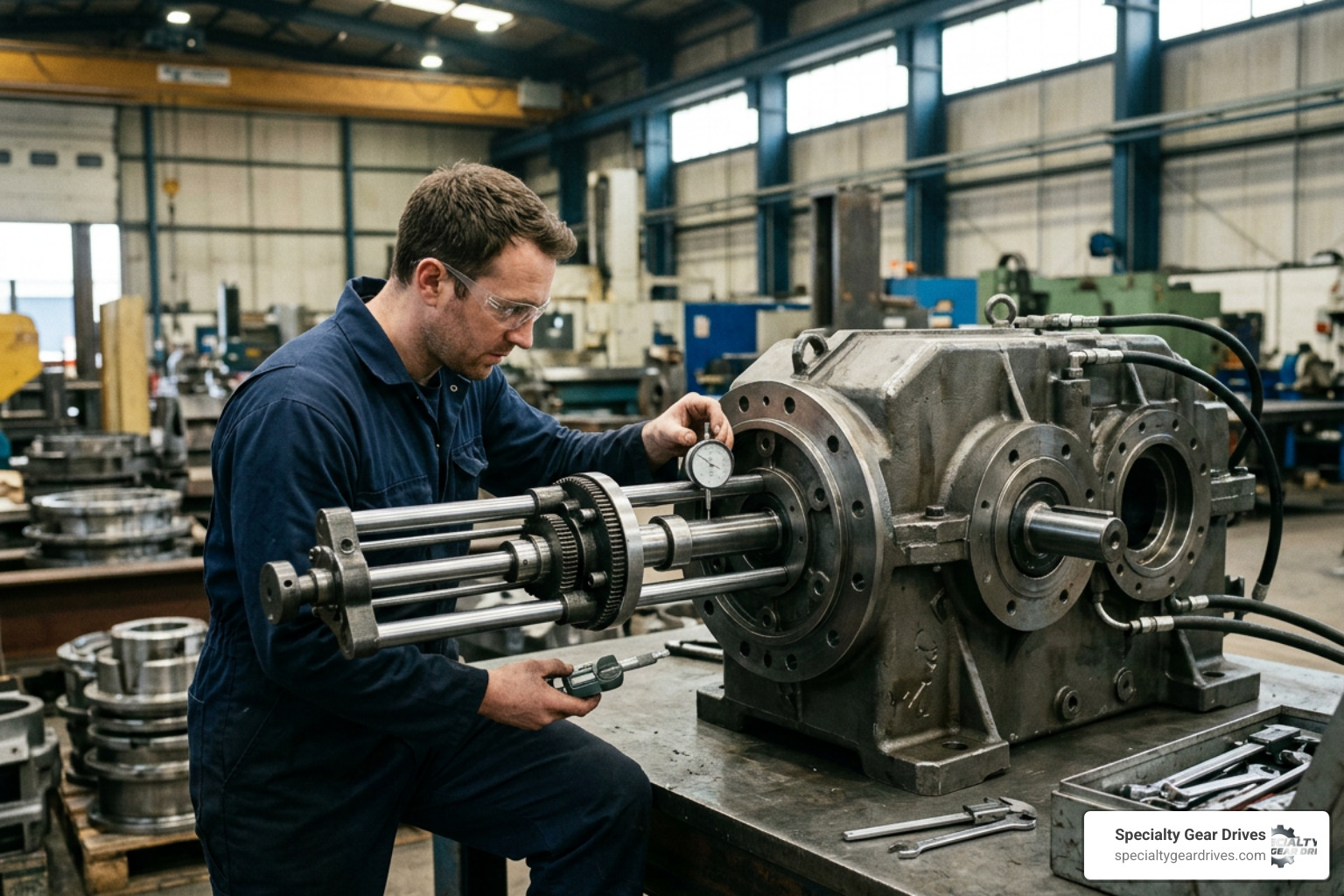 technician calibrating a portable boring bar on a heavy-duty industrial gearbox technician calibrating a portable boring bar on a heavy-duty industrial gearbox