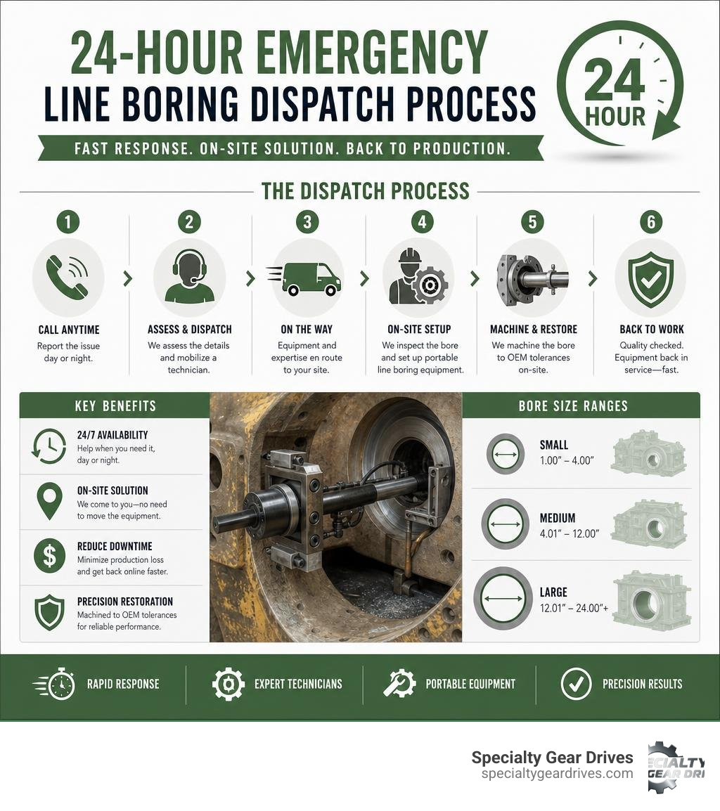 infographic showing steps of 24-hour emergency line boring dispatch process with key benefits and bore size ranges infographic showing steps of 24-hour emergency line boring dispatch process with key benefits and bore size ranges