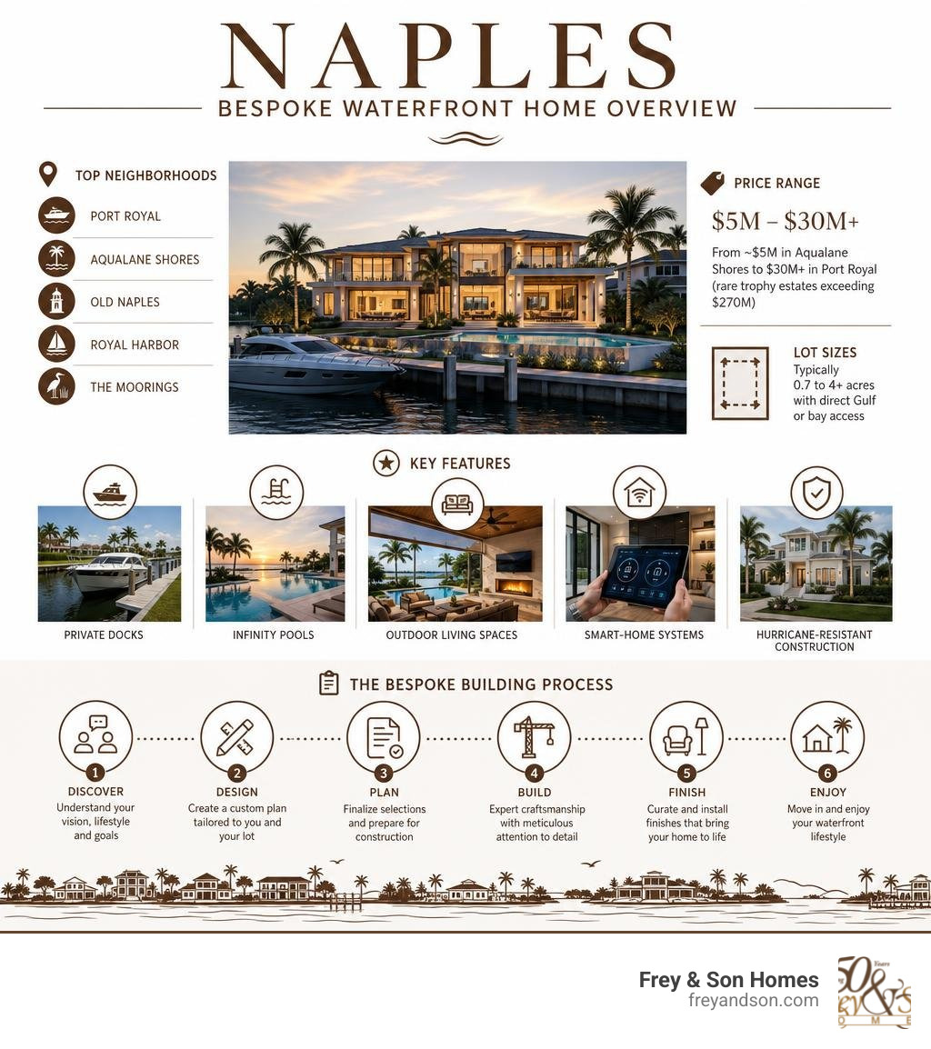 Infographic: Naples bespoke waterfront home overview — neighborhoods, price ranges, key features, and building process Infographic: Naples bespoke waterfront home overview — neighborhoods, price ranges, key features, and building process