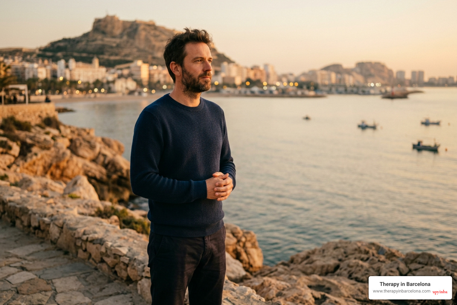 expat in Alicante coastline looking thoughtful, warm Mediterranean light expat in Alicante coastline looking thoughtful, warm Mediterranean light