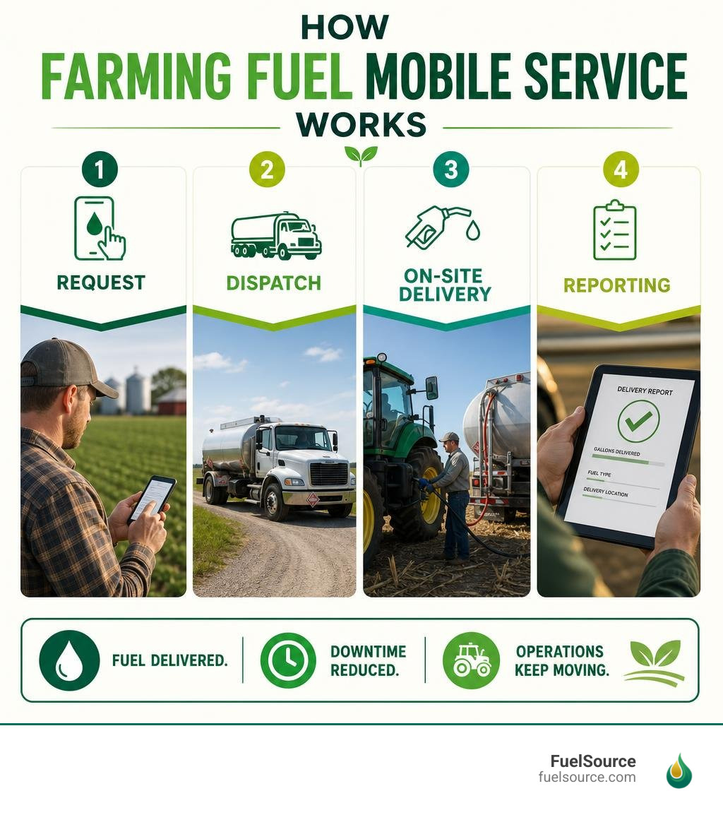 How farming fuel mobile service works: request, dispatch, on-site delivery, reporting infographic How farming fuel mobile service works: request, dispatch, on-site delivery, reporting infographic