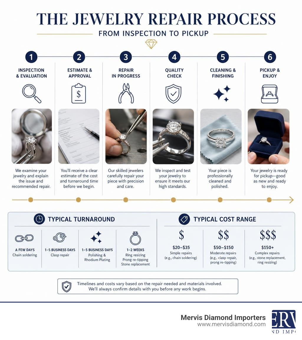 Step-by-step jewelry repair process from inspection to pickup with turnaround times and cost ranges infographic