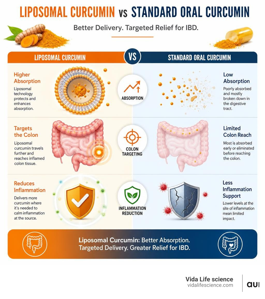 Benefits of liposomal curcumin vs standard oral curcumin for IBD: absorption, colon targeting, and inflammation reduction Benefits of liposomal curcumin vs standard oral curcumin for IBD: absorption, colon targeting, and inflammation reduction