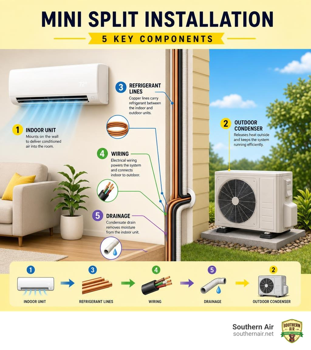 Mini split installation components infographic: indoor unit, outdoor condenser, refrigerant lines, wiring, and drainage Mini split installation components infographic: indoor unit, outdoor condenser, refrigerant lines, wiring, and drainage