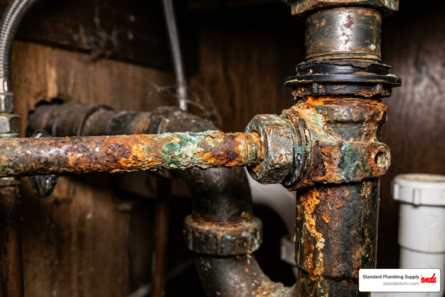 Corroded pivot rod under a bathroom sink showing rust and buildup Corroded pivot rod under a bathroom sink showing rust and buildup