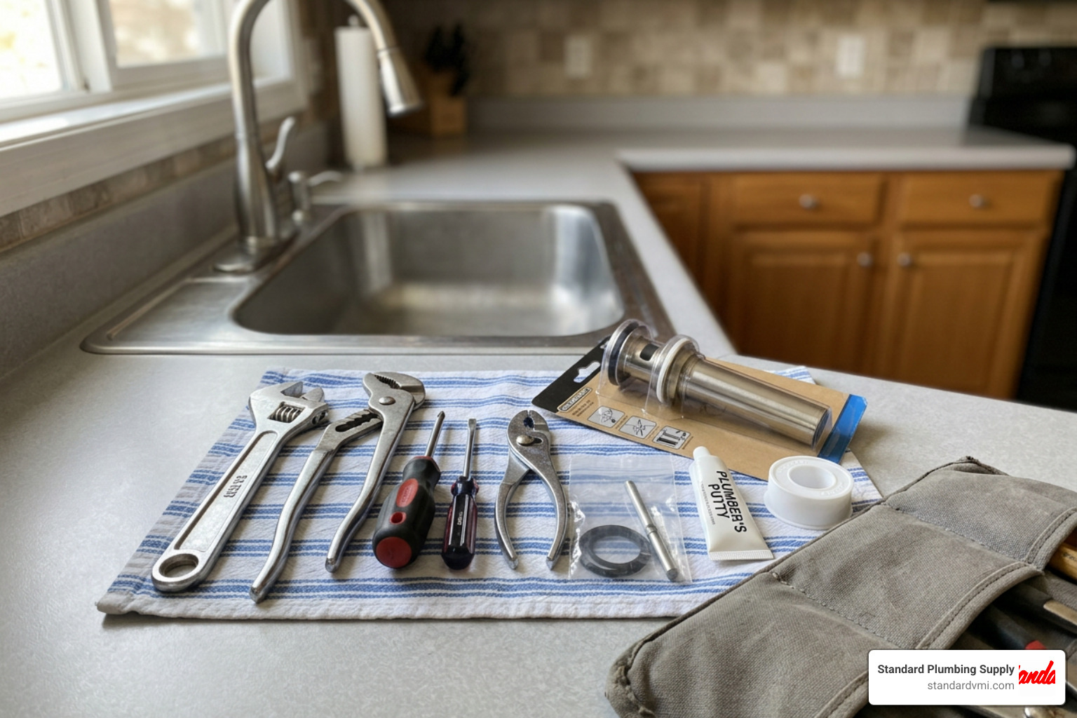 Tools and materials laid out for sink stopper repair Tools and materials laid out for sink stopper repair