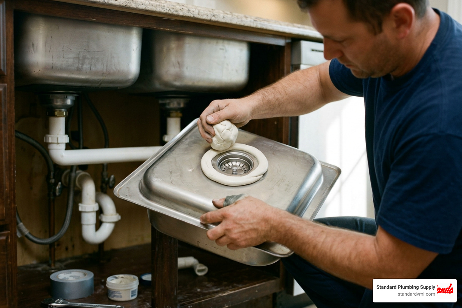 applying plumber's putty to a drain flange