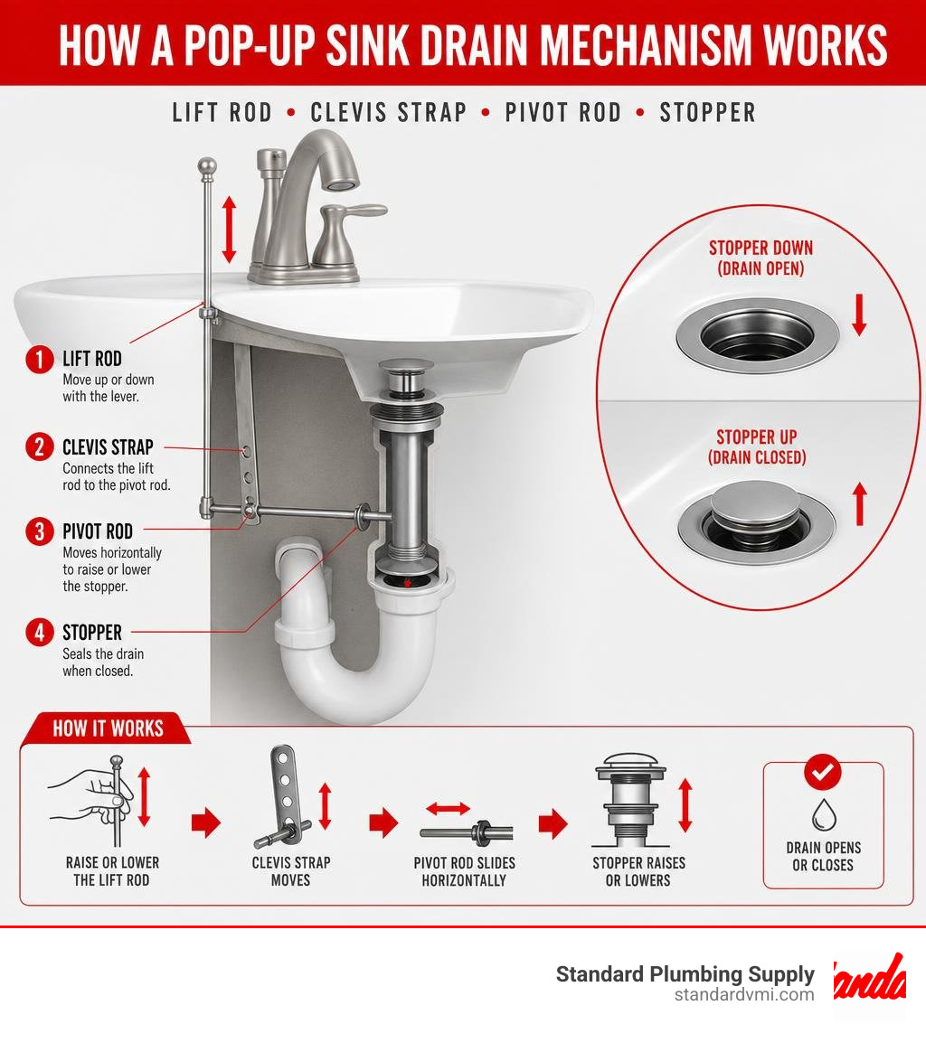 How a pop-up sink drain mechanism works — lift rod, clevis strap, pivot rod, stopper infographic How a pop-up sink drain mechanism works — lift rod, clevis strap, pivot rod, stopper infographic