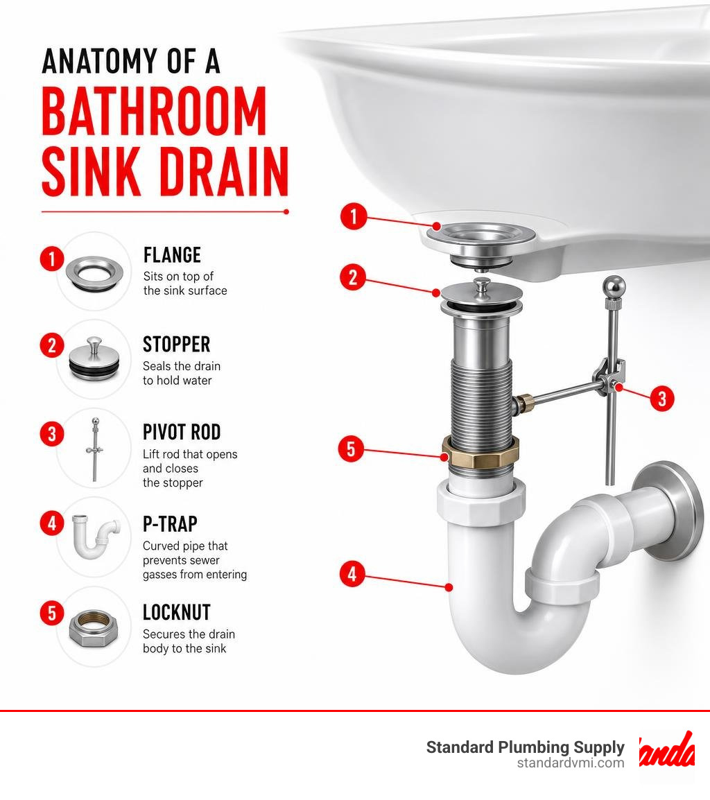 Anatomy of a bathroom sink drain showing flange, stopper, pivot rod, P-trap, and locknut infographic