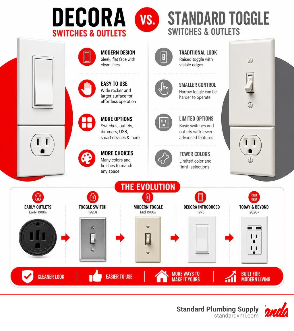 Infographic showing key features and evolution of Decora switches and outlets vs standard toggle switches infographic