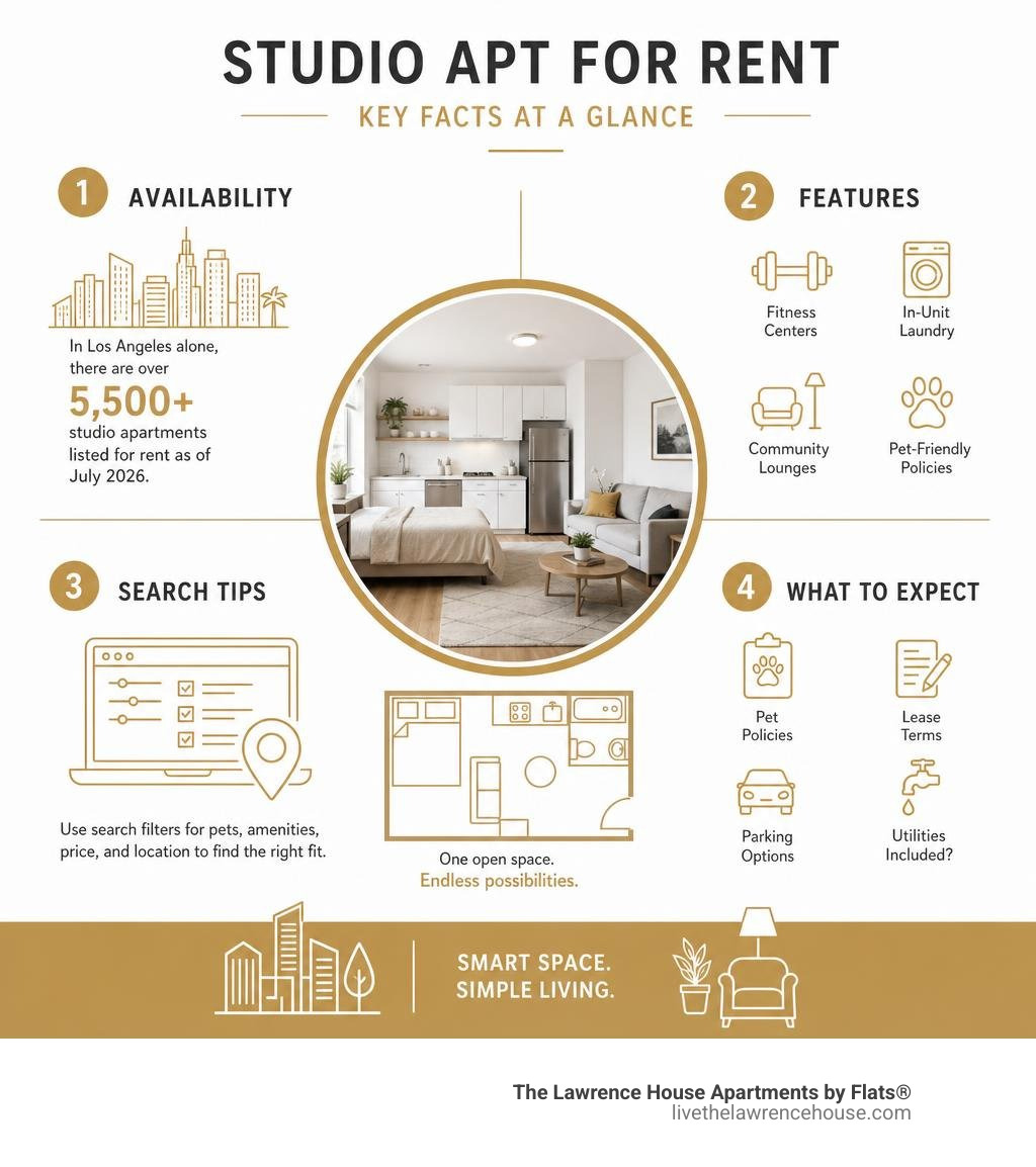 Key facts about studio apt for rent: availability, features, search tips, and what to expect infographic