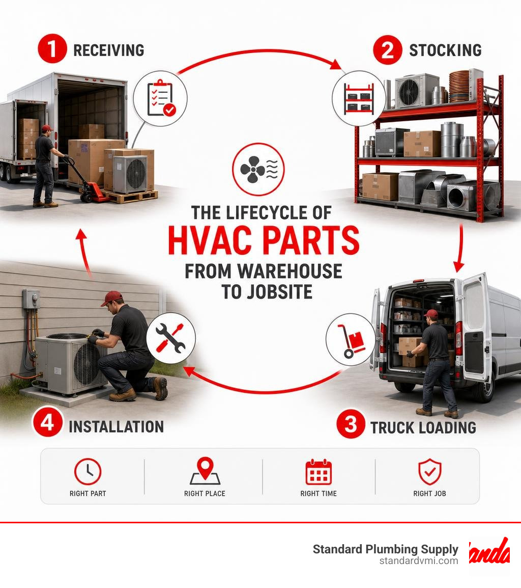 Lifecycle of HVAC parts from warehouse to jobsite, including receiving, stocking, truck loading, and installation infographic