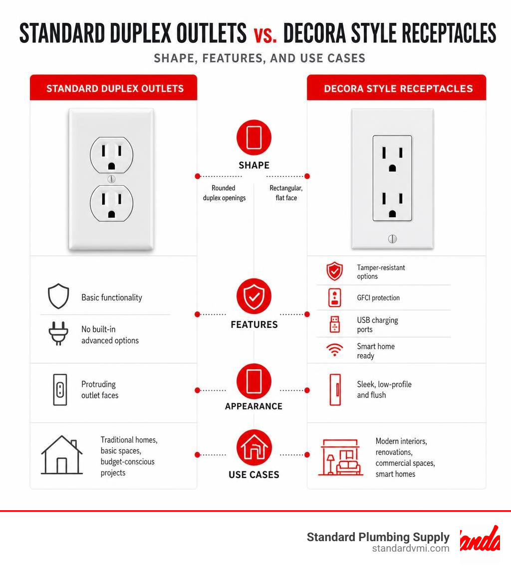 Infographic comparing standard duplex outlets vs Decora style receptacles: shape, features, and use cases infographic Infographic comparing standard duplex outlets vs Decora style receptacles: shape, features, and use cases infographic