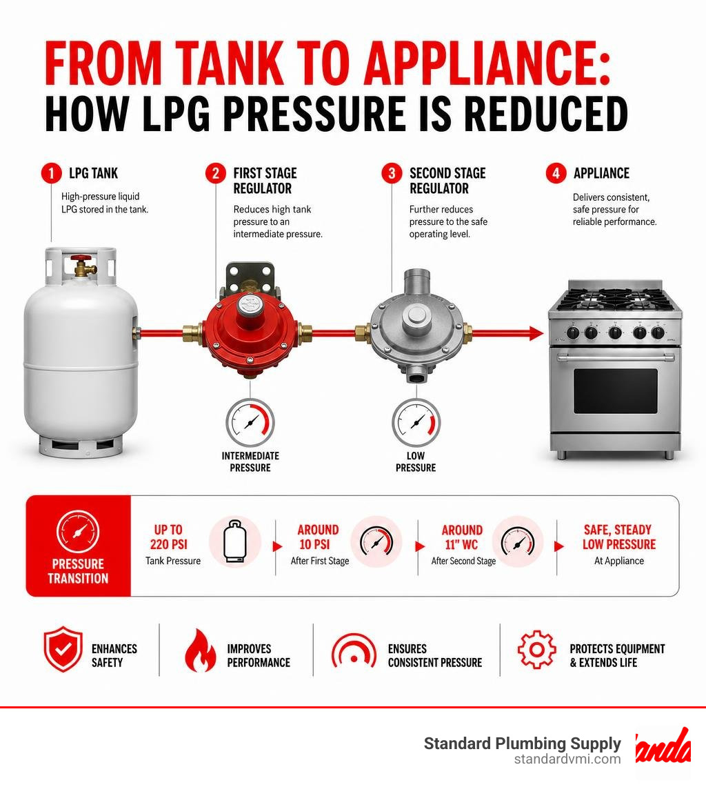 Infographic showing how gas pressure is reduced from LPG tank to appliance through regulator stages infographic Infographic showing how gas pressure is reduced from LPG tank to appliance through regulator stages infographic