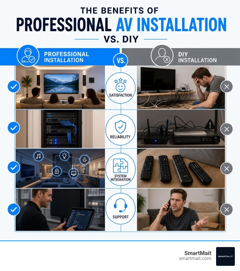 Benefits of professional AV installation vs. DIY: satisfaction, reliability, system integration, and support infographic
