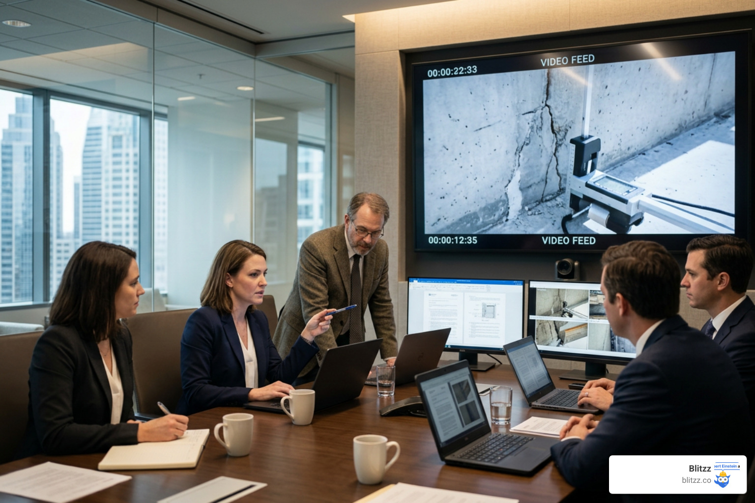 Legal team reviewing video evidence for a construction defect trial
