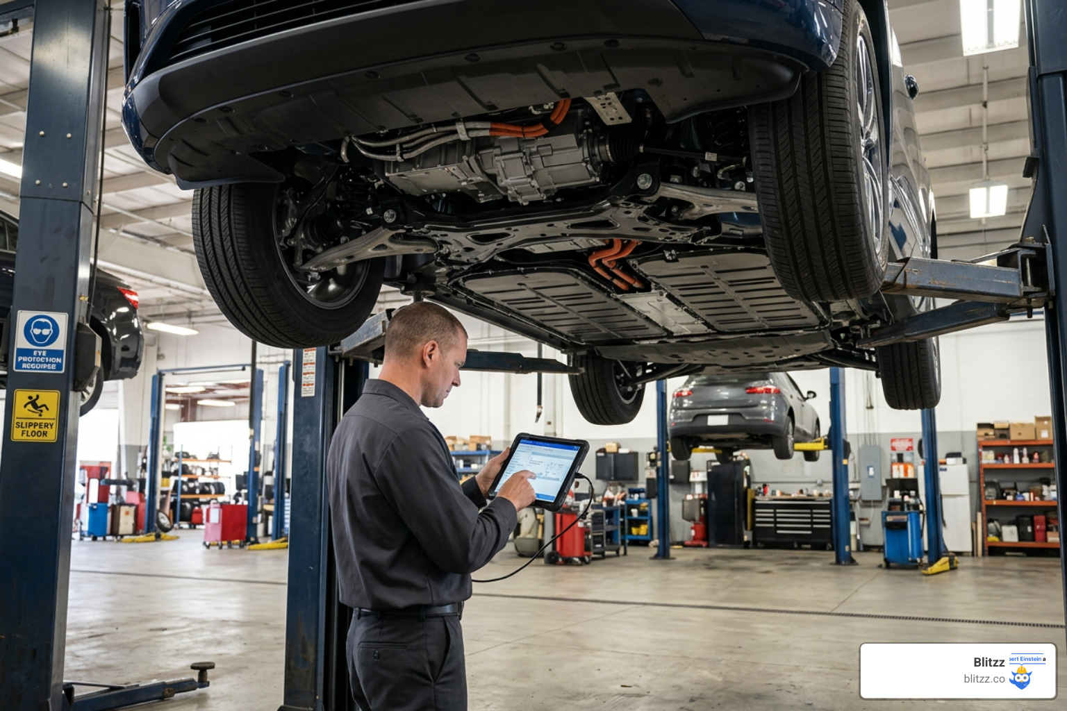 An electric vehicle undercarriage being scanned and inspected remotely