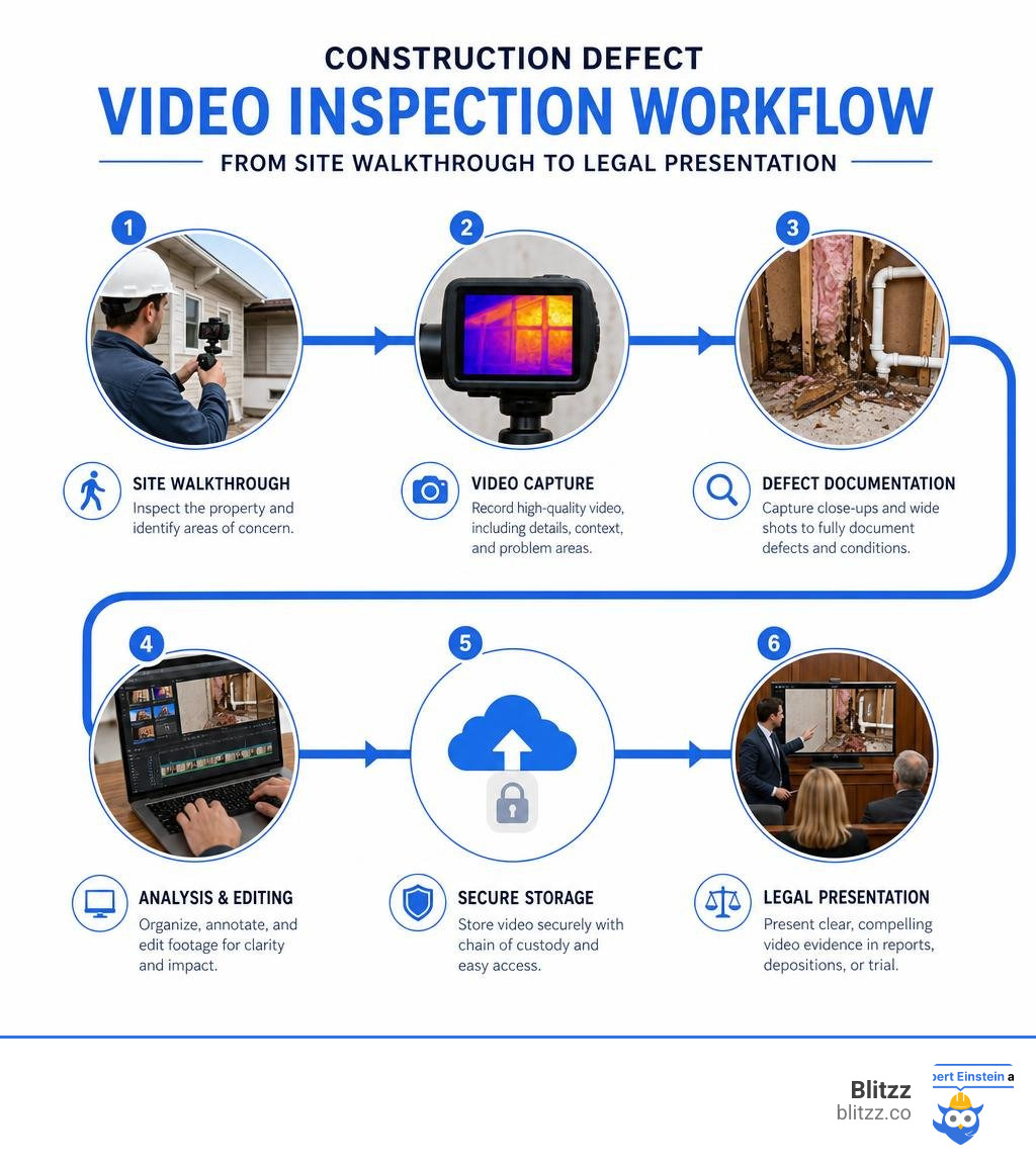 Construction defect video inspection workflow from site walkthrough to legal presentation infographic