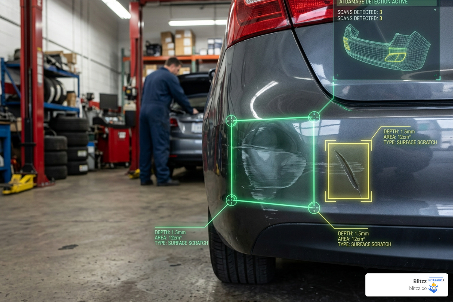 AI-powered damage detection overlay on a car bumper
