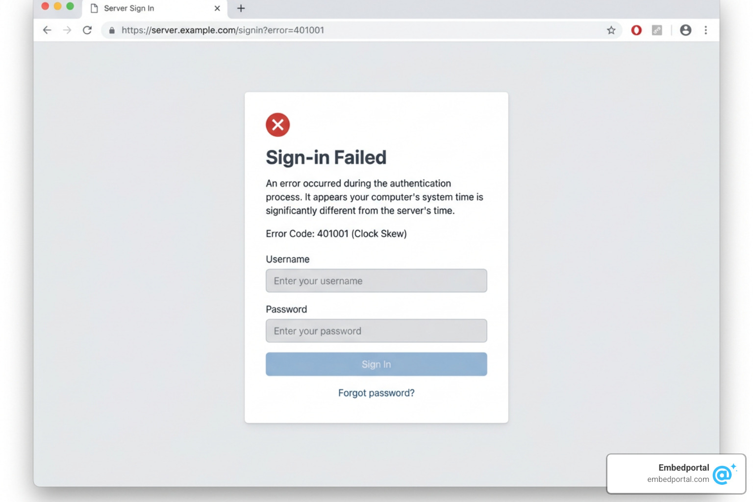 JWT authentication error screen showing a 401001 sign-in error caused by clock skew JWT authentication error screen showing a 401001 sign-in error caused by clock skew