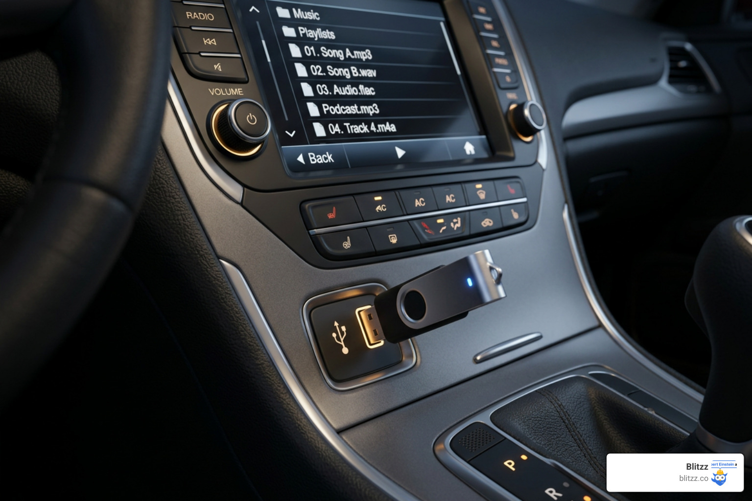 Infographic detailing USB drive formatting and file specs for car infotainment compatibility