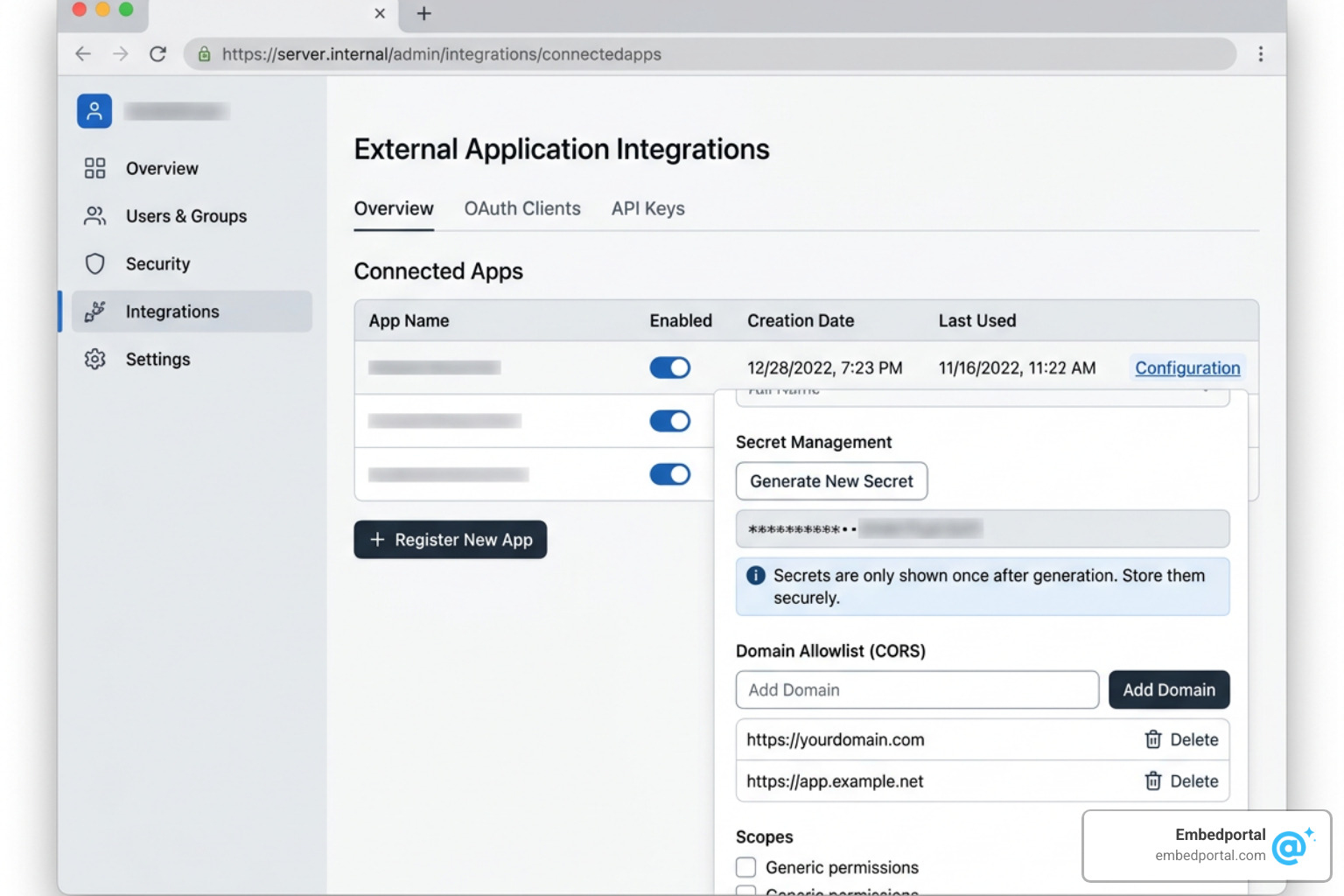 Tableau Server Connected Apps configuration UI showing the settings page, secret generation, and domain allowlist options Tableau Server Connected Apps configuration UI showing the settings page, secret generation, and domain allowlist options