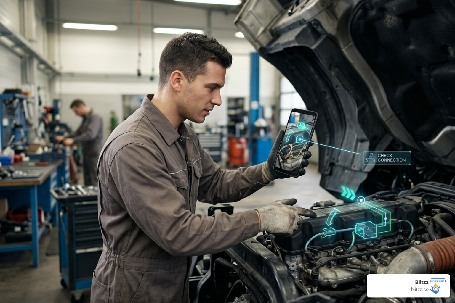 A service technician using a mobile phone to receive AR-guided remote support on an engine