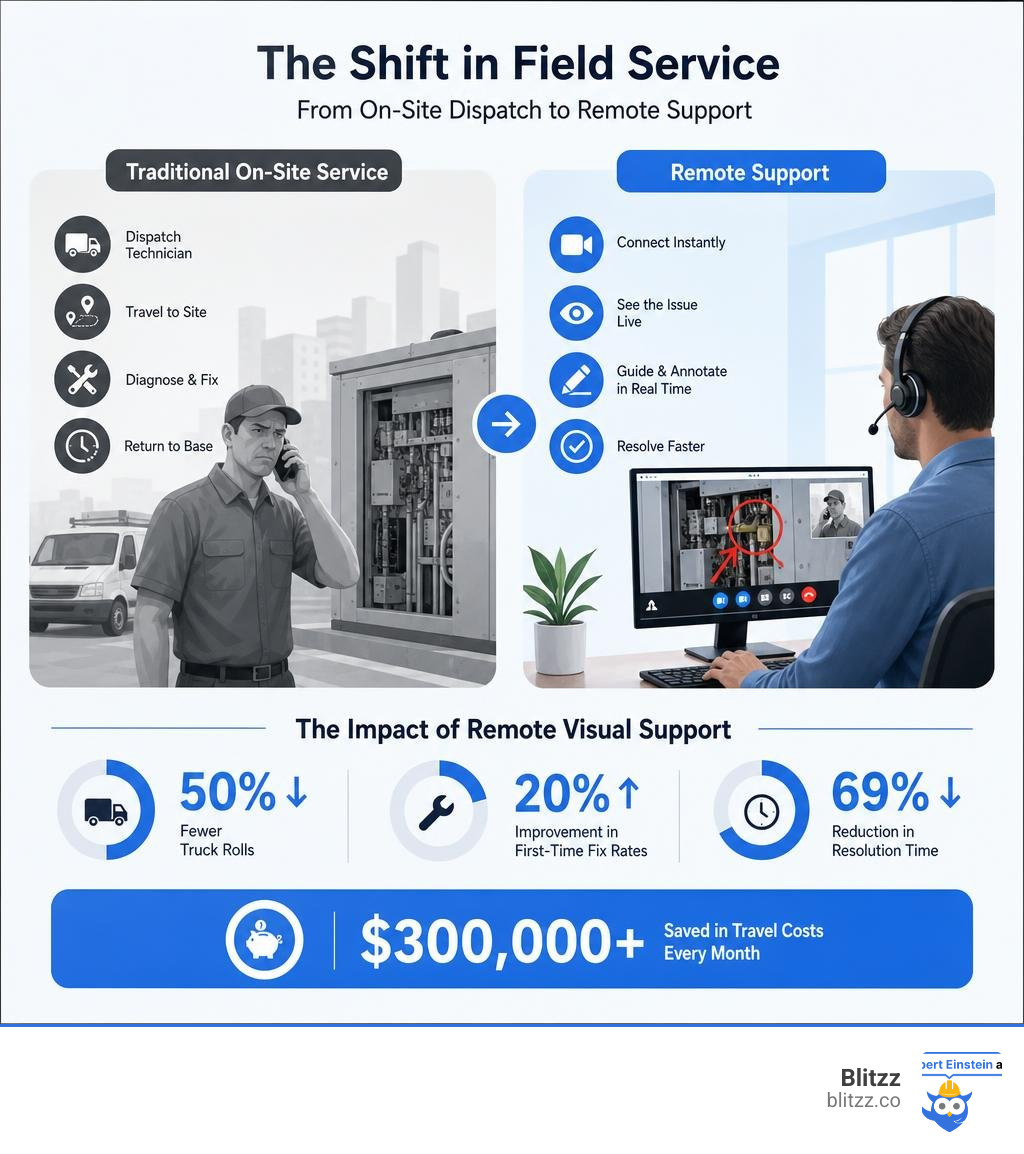 Infographic showing shift from traditional on-site field service to remote support with key stats infographic Infographic showing shift from traditional on-site field service to remote support with key stats infographic