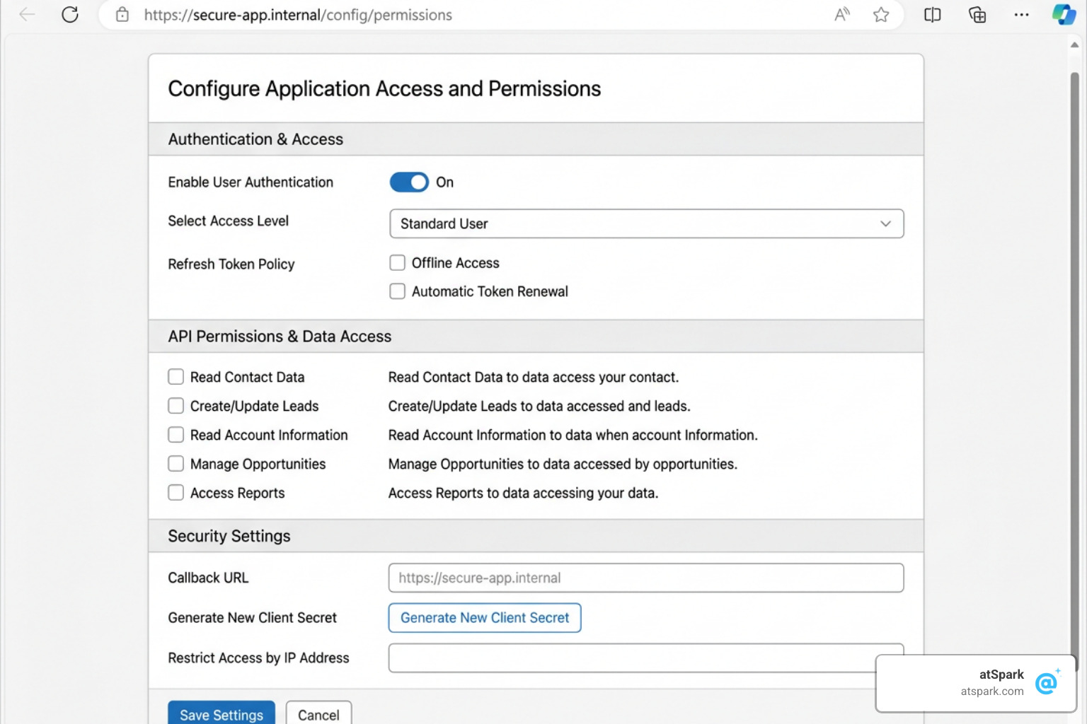 Salesforce security and OAuth application permissions configuration panel