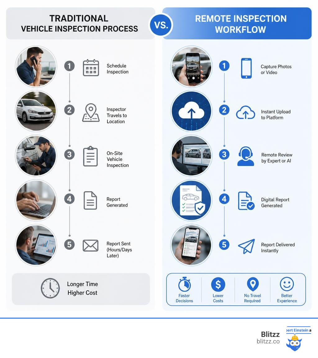 Traditional vehicle inspection process vs. remote inspection workflow comparison infographic