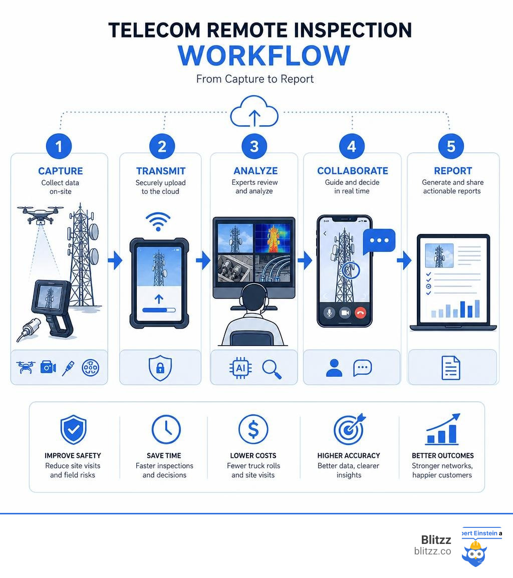 Workflow diagram of telecom remote inspection process from capture to report infographic