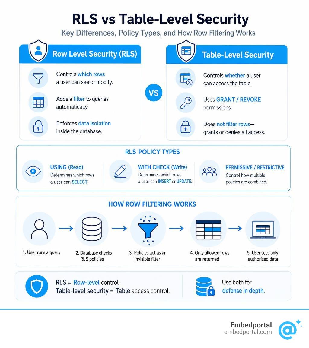 RLS vs table-level security: key differences, policy types, and how row filtering works infographic