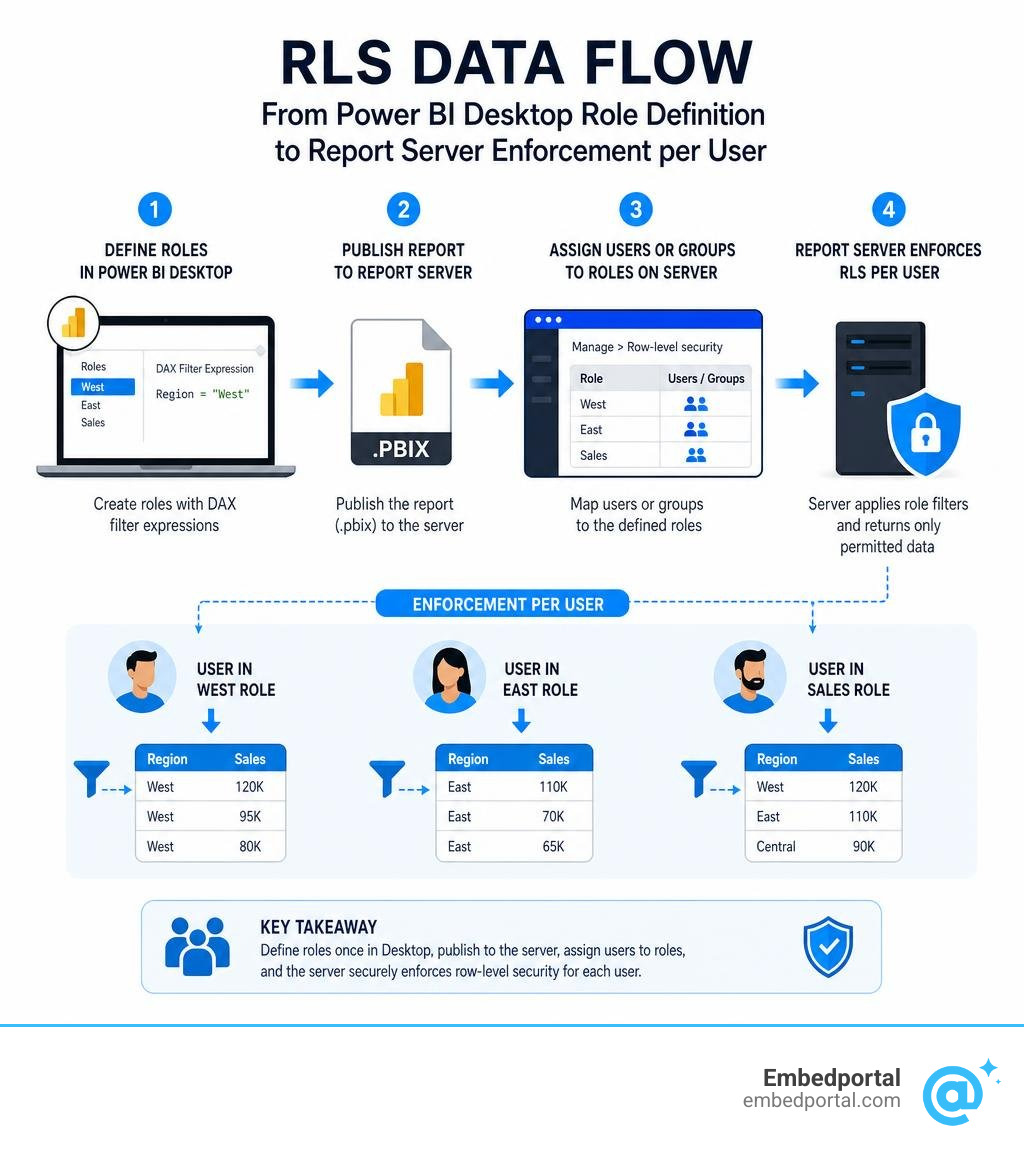 RLS data flow from Power BI Desktop role definition to Report Server enforcement per user infographic