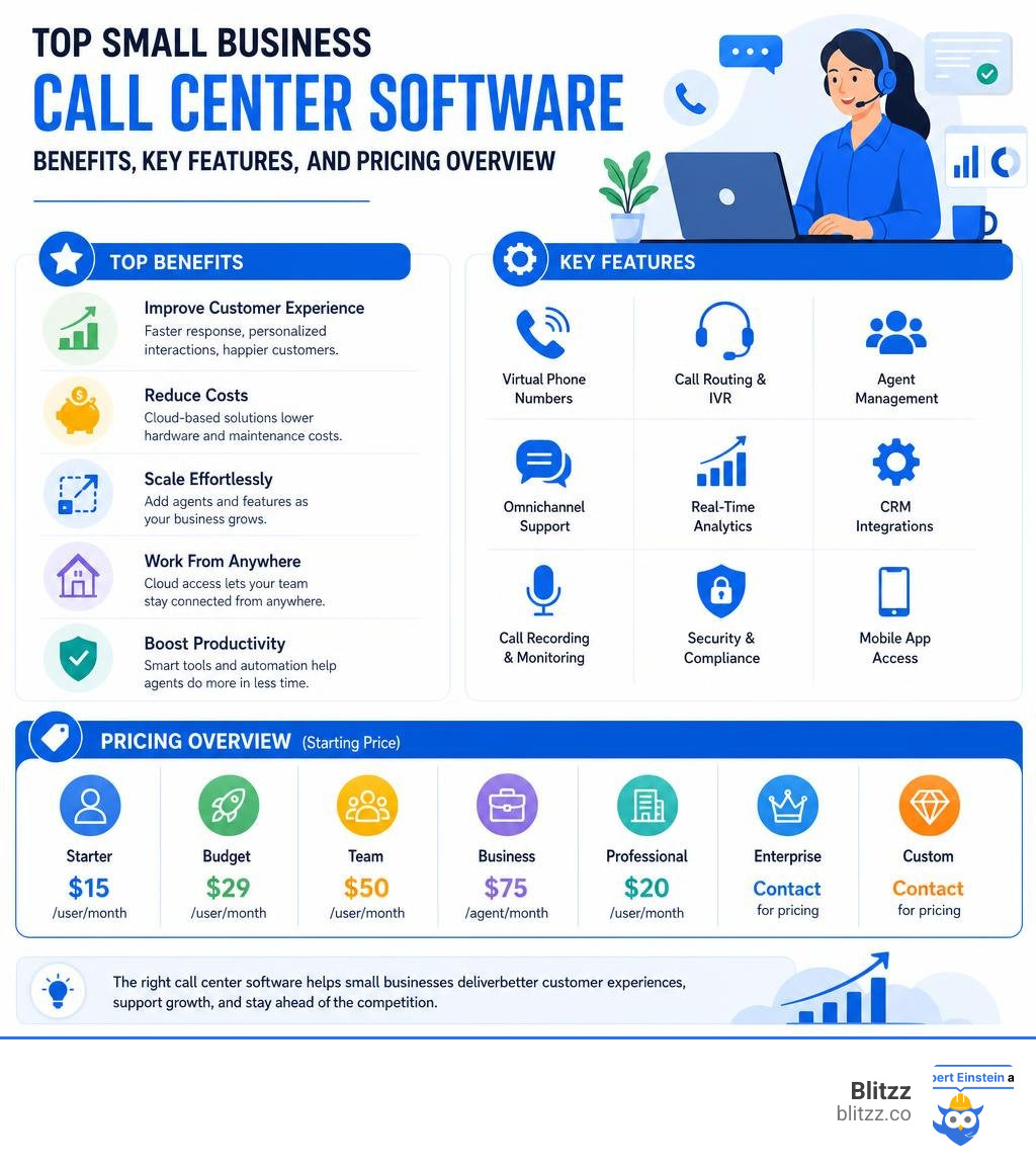 Top small business call center software benefits, key features, and pricing overview infographic