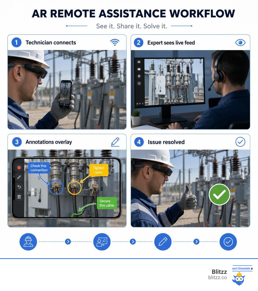 AR remote assistance workflow: technician connects, expert sees live feed, annotations overlay, issue resolved infographic