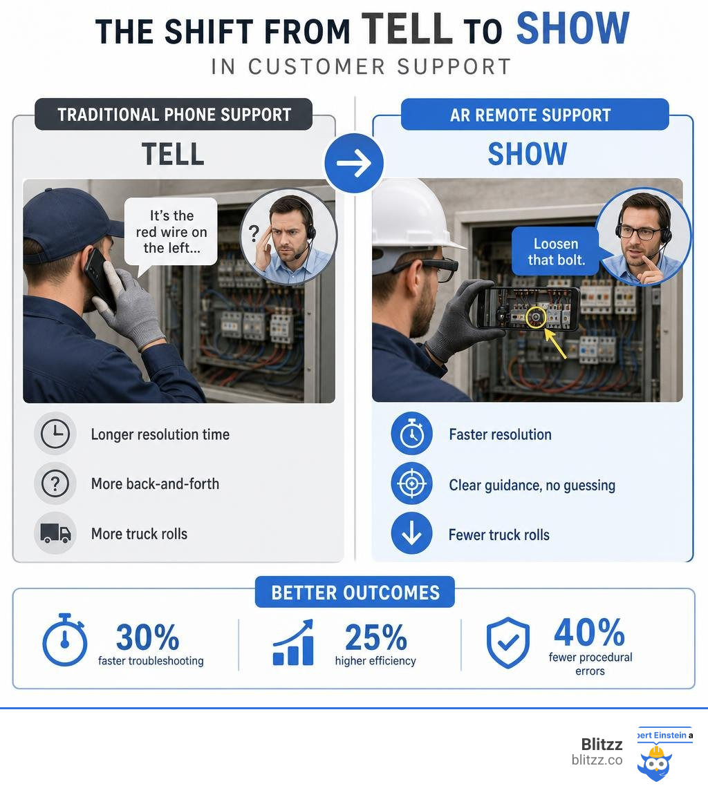 Infographic: The shift from tell to show in customer support — AR vs traditional phone support outcomes infographic