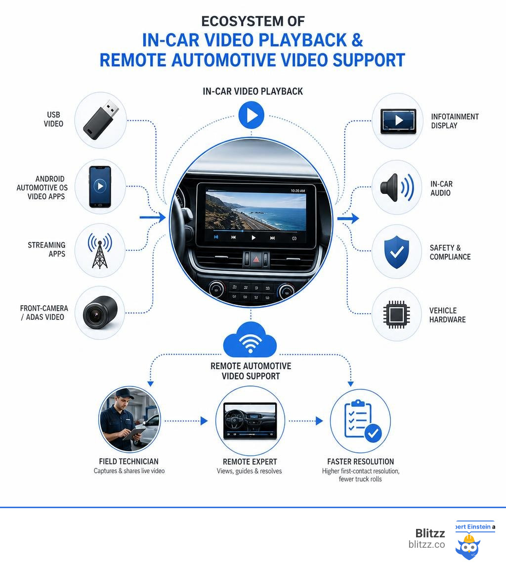 Ecosystem diagram of in-car video playback and remote automotive video support infographic