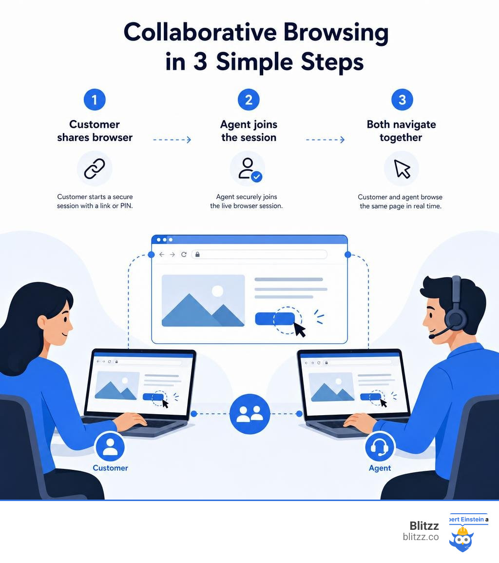 Collaborative browsing workflow: customer shares browser, agent joins session, both navigate together infographic
