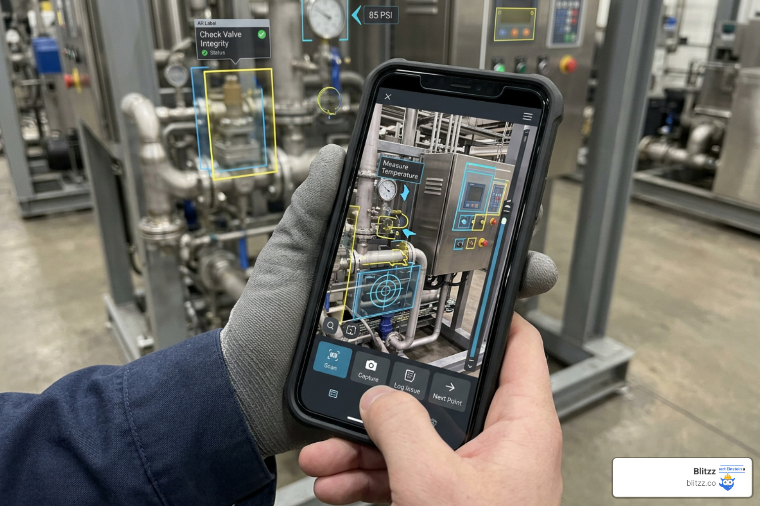 Inspection software interface with AR annotations on mobile device