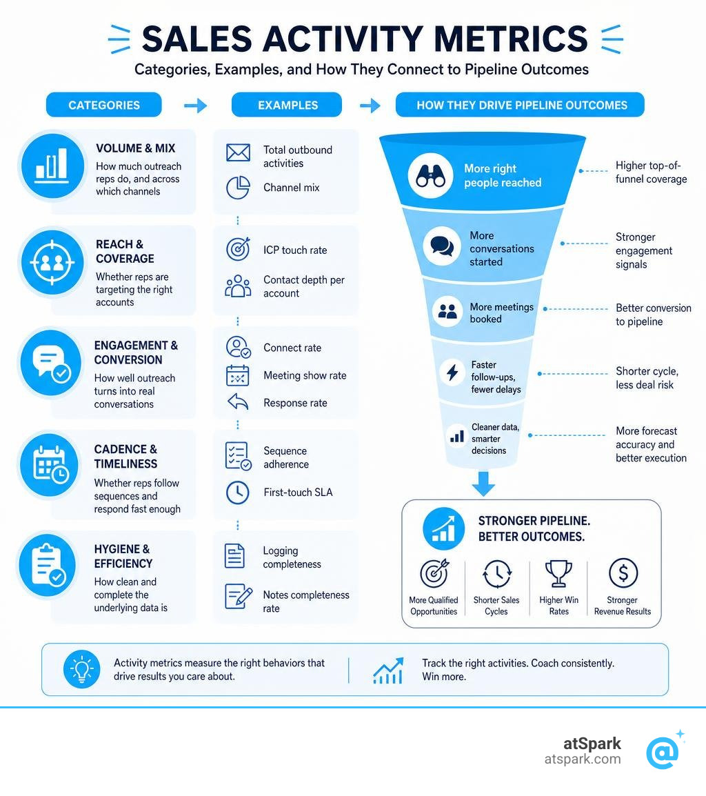 Sales activity metrics categories, examples, and how they connect to pipeline outcomes infographic