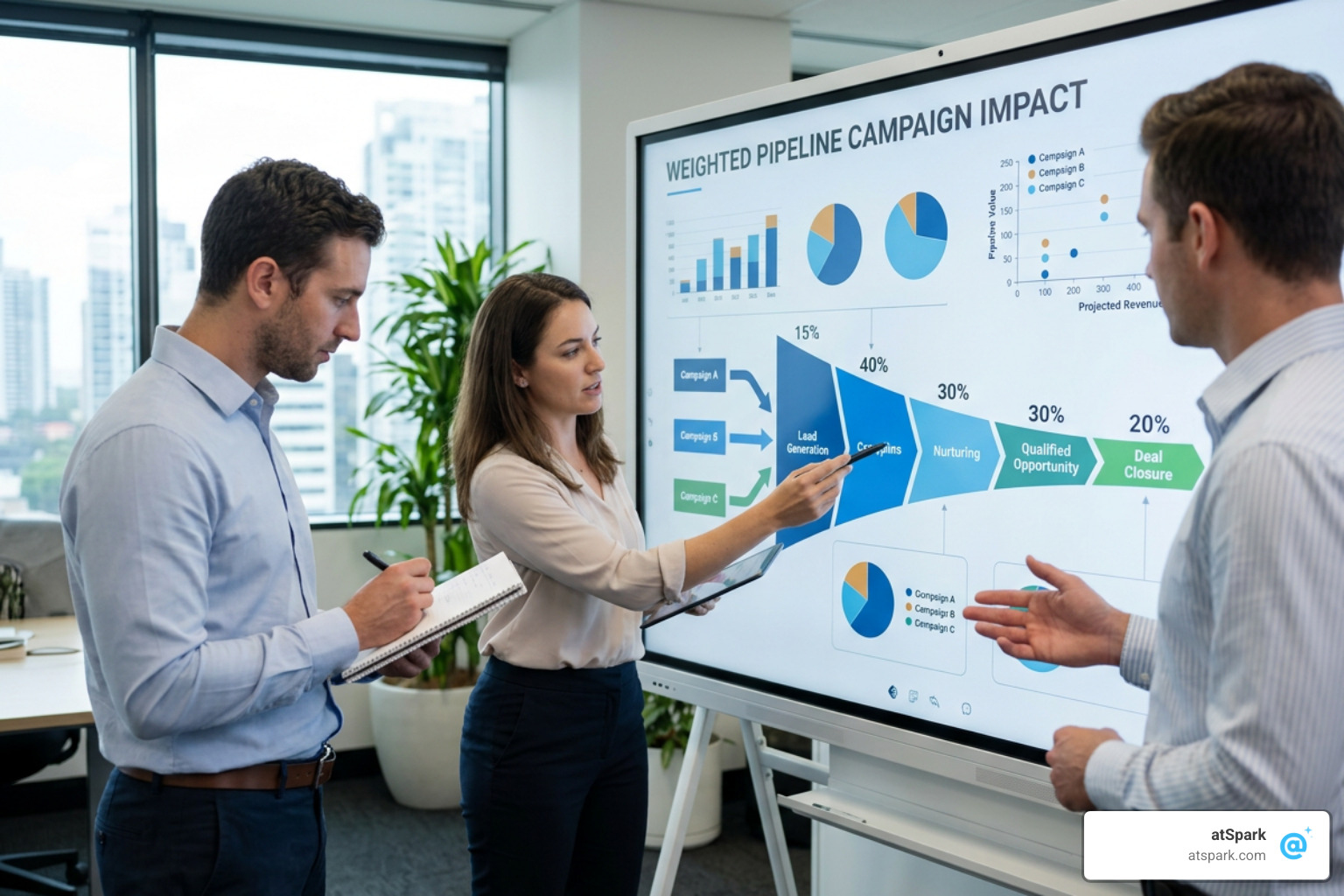 Multi-touch marketing campaigns feeding into a sales pipeline with weighted attribution