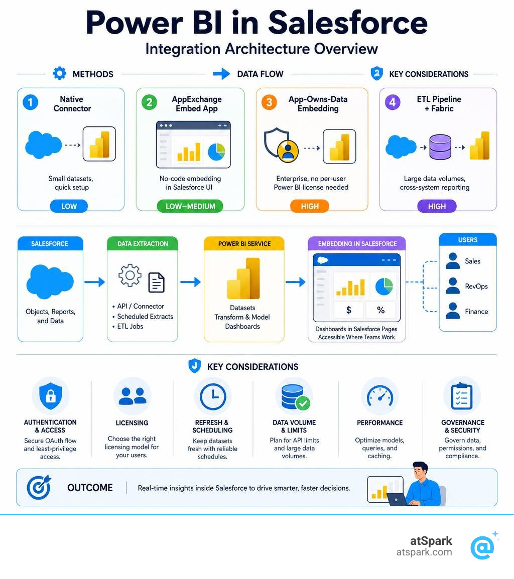 Power BI in Salesforce integration architecture overview showing methods, data flow, and key considerations infographic