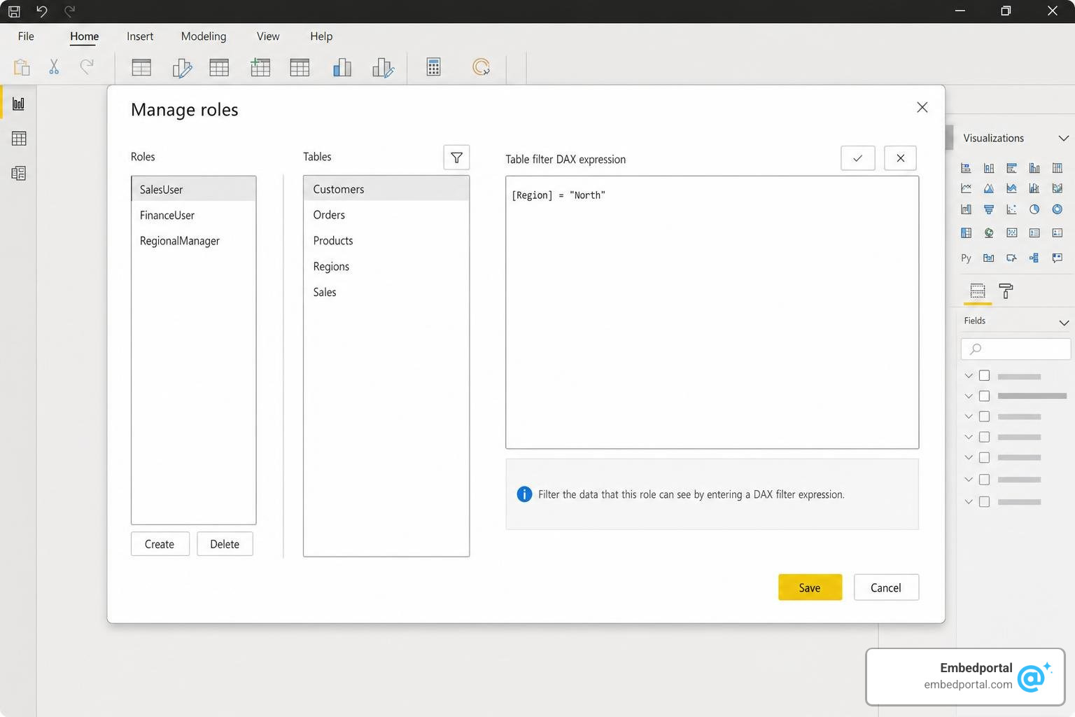Power BI Desktop Manage Roles dialog interface