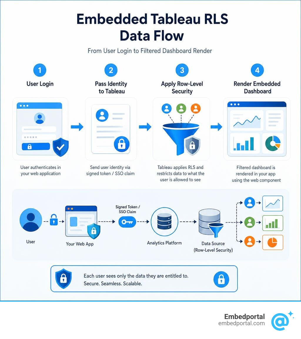 Embedded Tableau RLS data flow from user login to filtered dashboard render infographic Embedded Tableau RLS data flow from user login to filtered dashboard render infographic