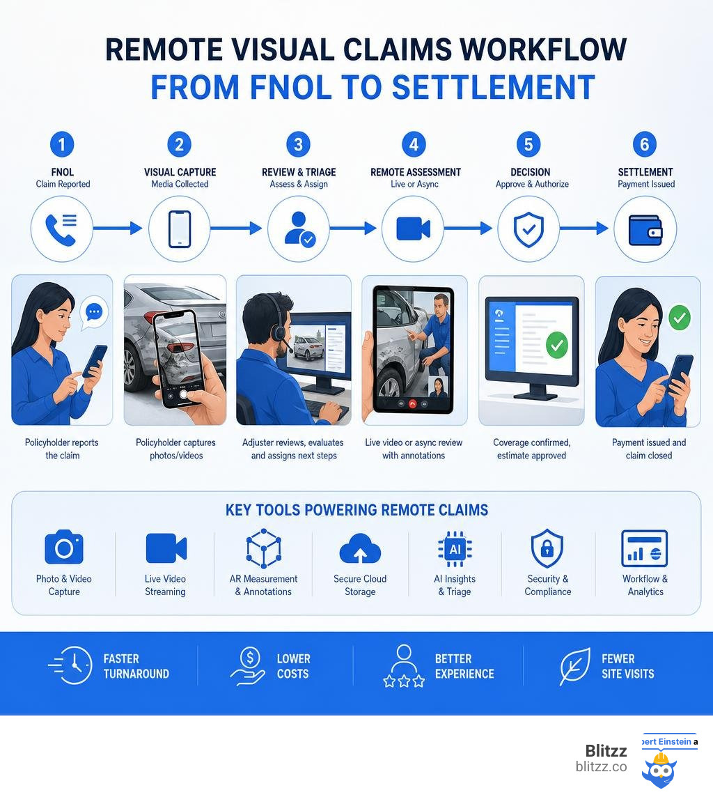 Remote visual claims workflow from FNOL to settlement with key steps and tools infographic