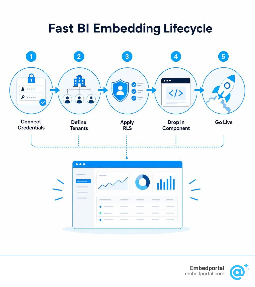 Fast BI embedding lifecycle: connect credentials, define tenants, apply RLS, drop in component, go live infographic
